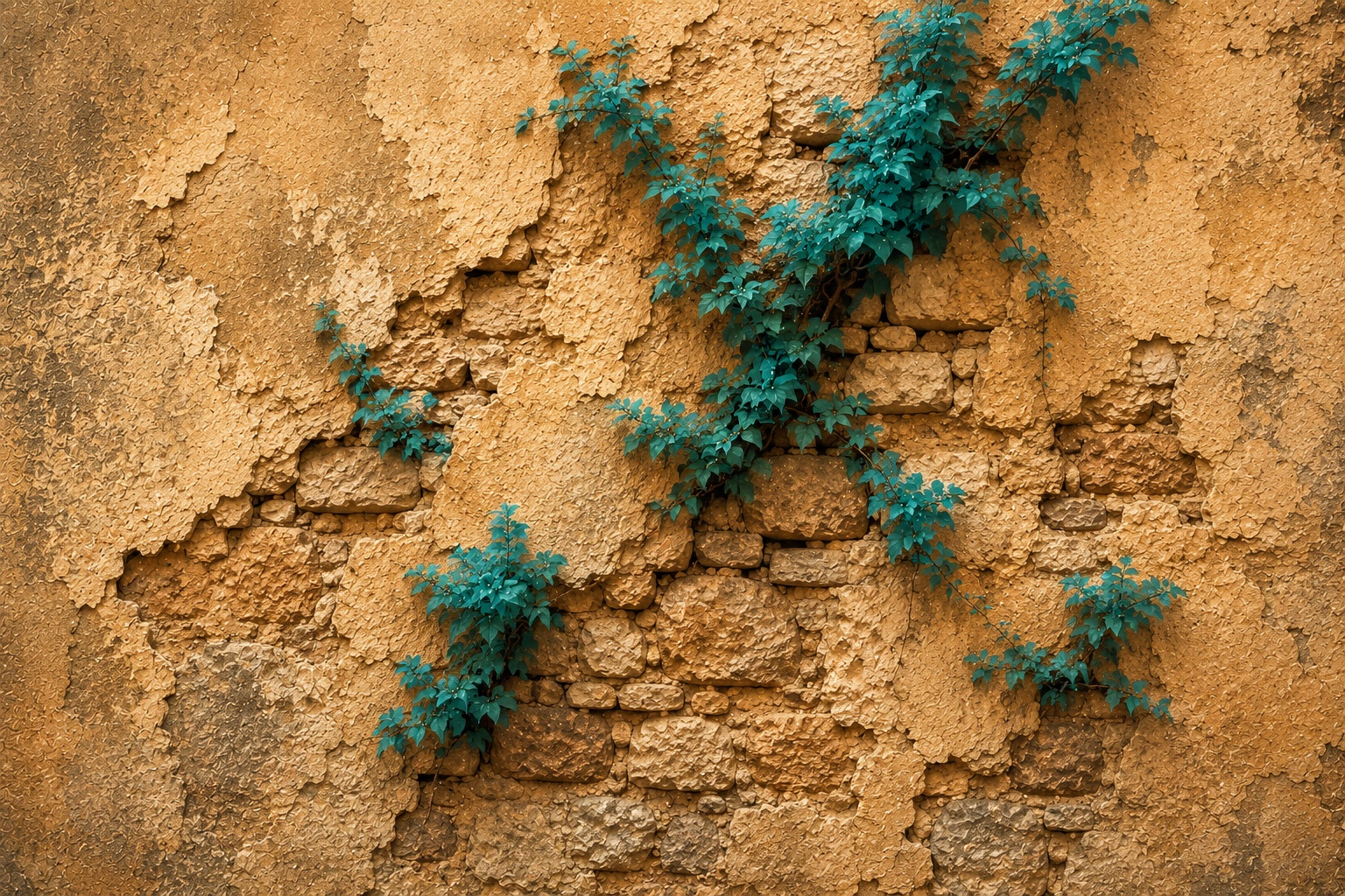 Green vines growing across a weathered ochre stone wall.