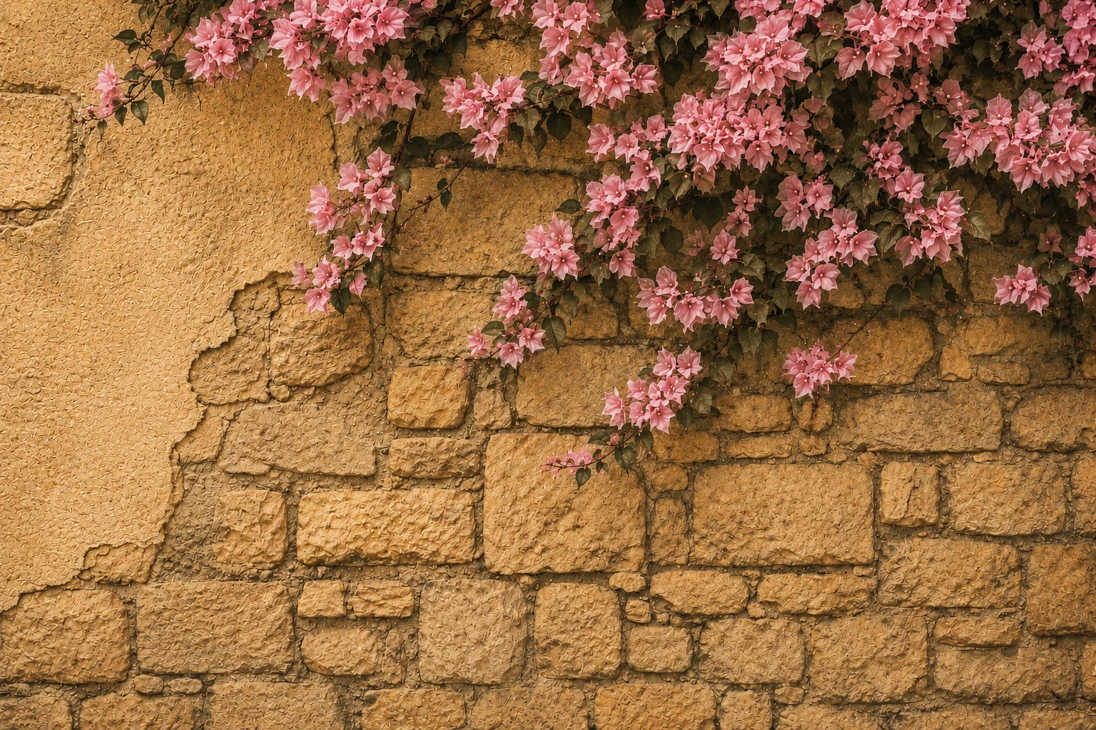 Pink flowers growing across a textured stone wall.